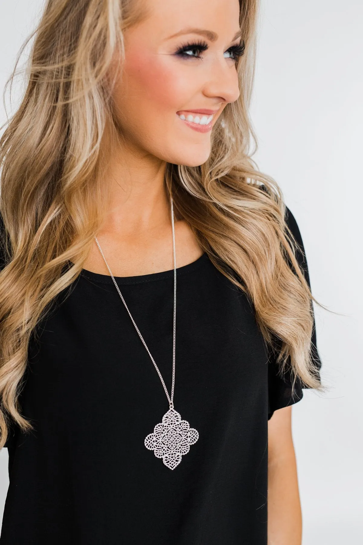 Detailed Diamond Pendant Necklace- Silver