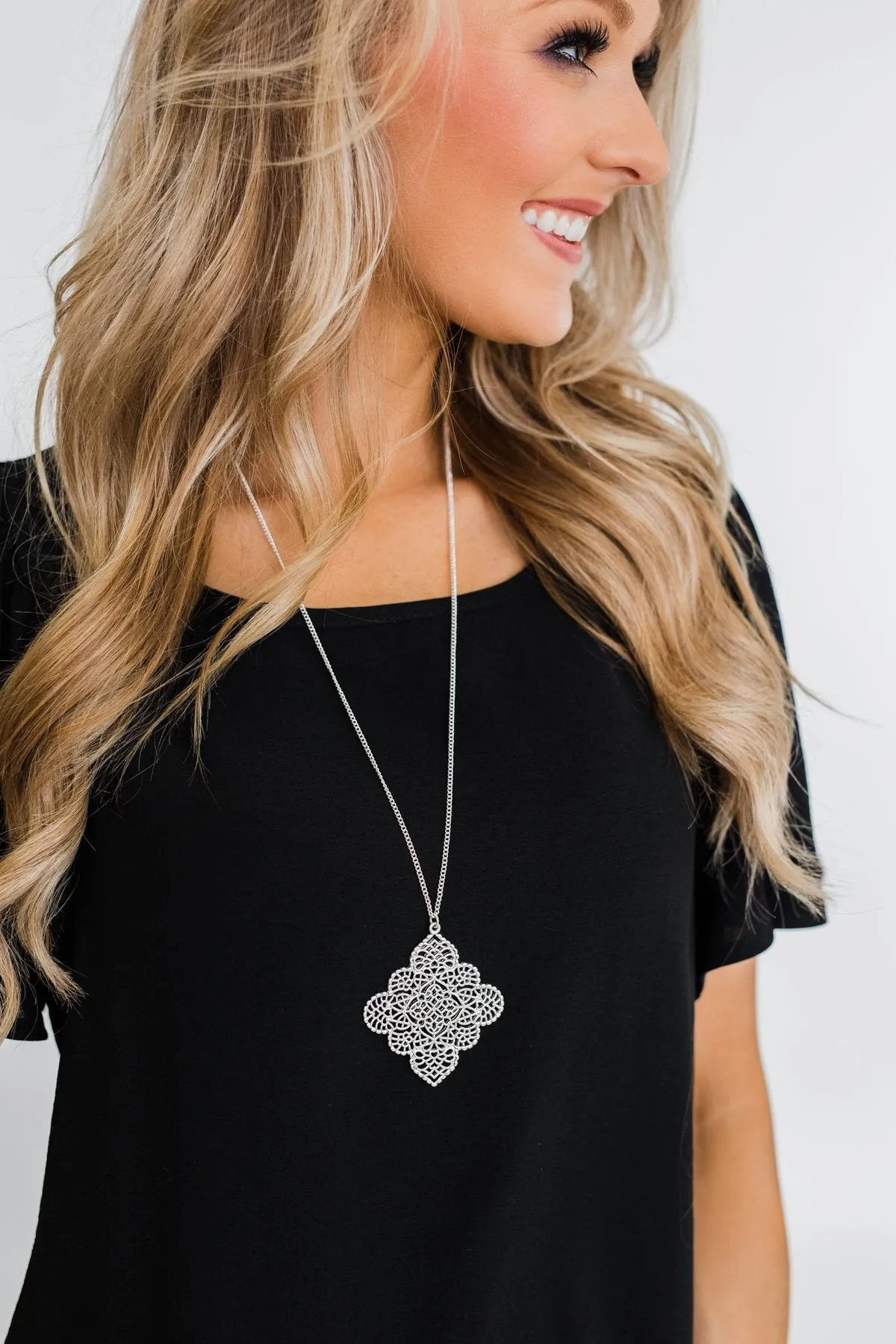 Detailed Diamond Pendant Necklace- Silver
