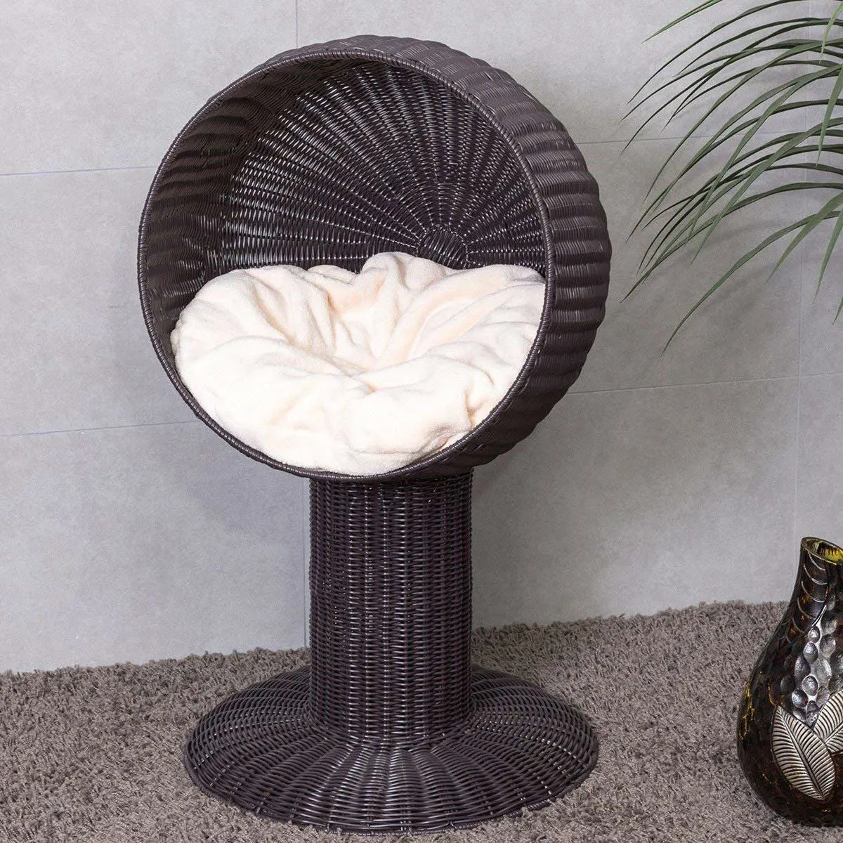 Elevated Wicker Rattan Cat Bed with Machine Washable Cushion