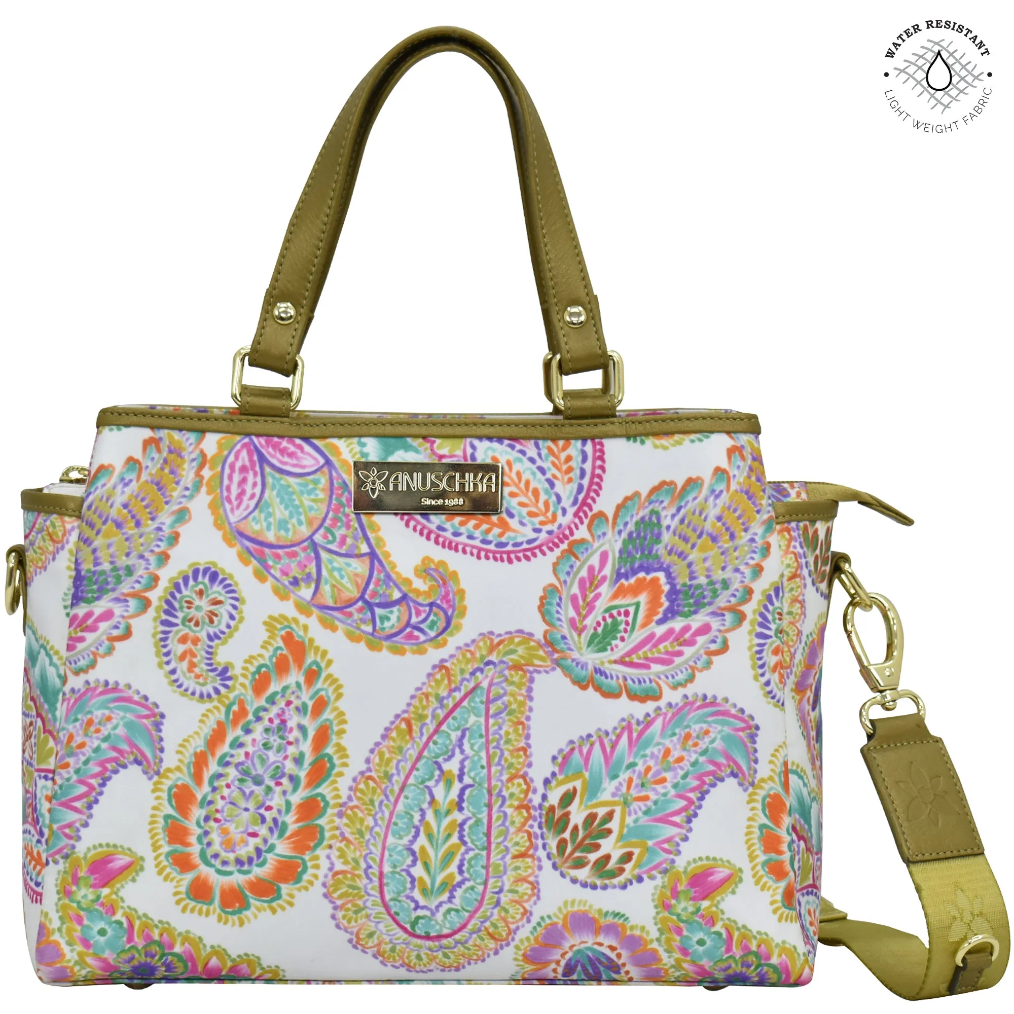 Fabric with Leather Trim Multi Compartment Satchel - 12014