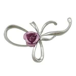 Fancy Bow with Pink Rose Flower Brooch Pin - PRL132