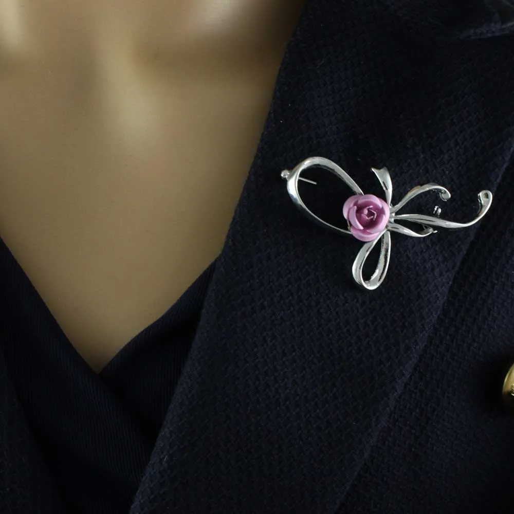 Fancy Bow with Pink Rose Flower Brooch Pin - PRL132