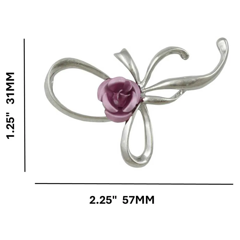 Fancy Bow with Pink Rose Flower Brooch Pin - PRL132