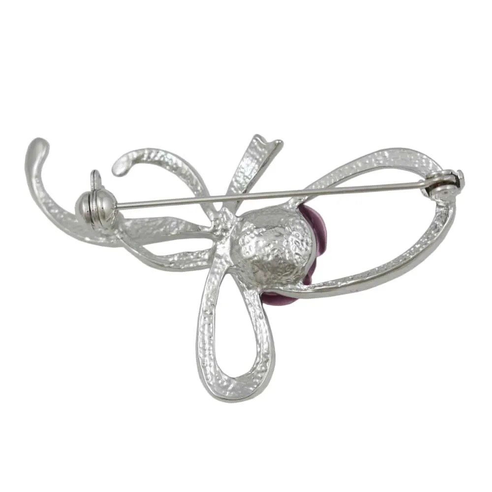 Fancy Bow with Pink Rose Flower Brooch Pin - PRL132