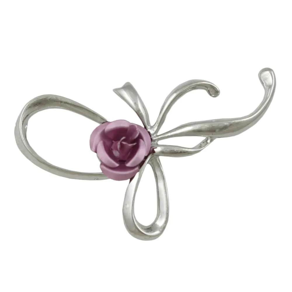 Fancy Bow with Pink Rose Flower Brooch Pin - PRL132