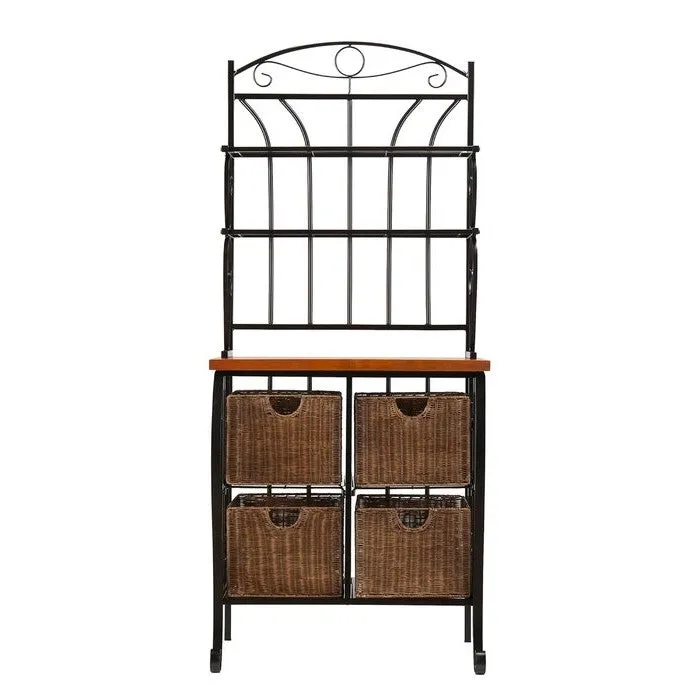 Farmhouse 4 Basket Stainless Steel Wood Top Kitchen Baker's Rack