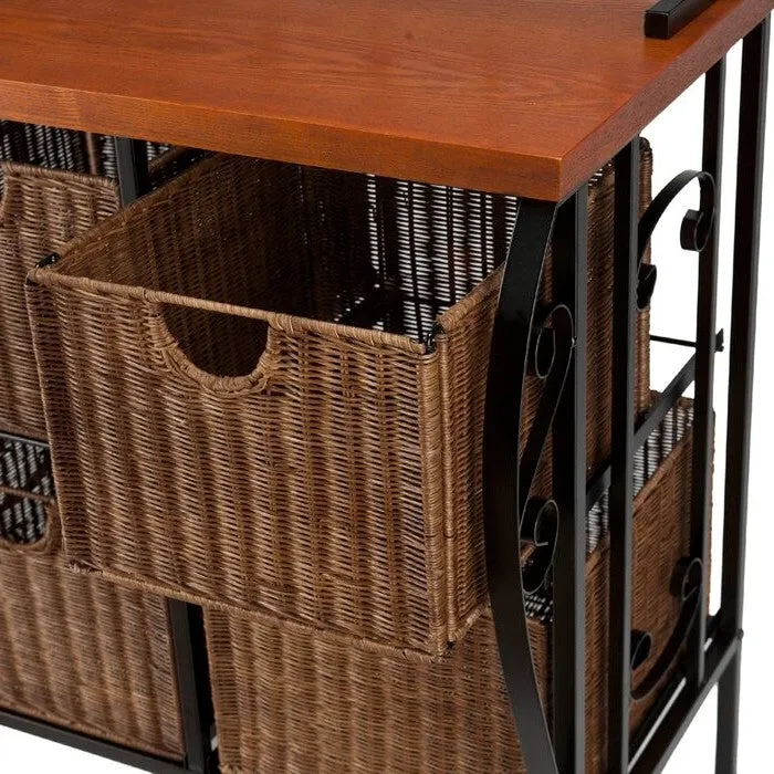 Farmhouse 4 Basket Stainless Steel Wood Top Kitchen Baker's Rack