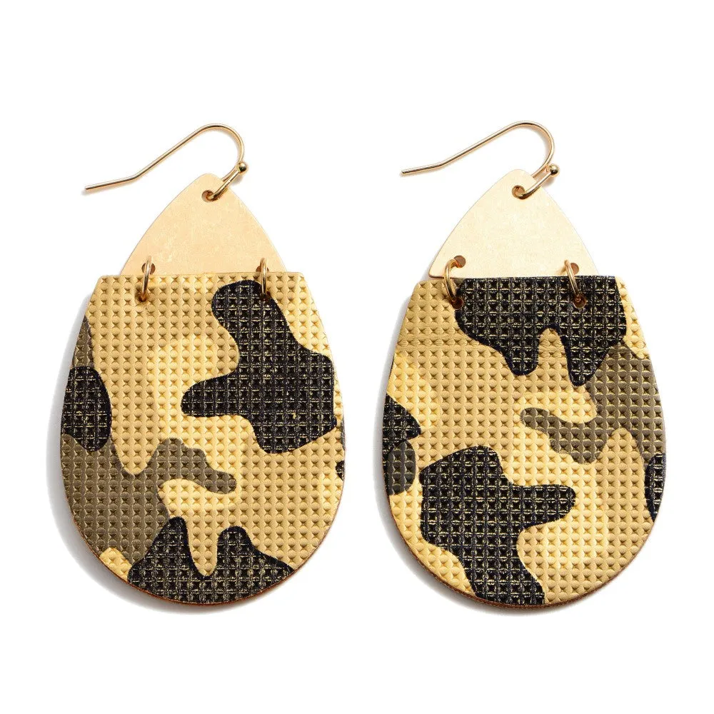 Faux Leather Camouflage Teardrop Earrings Featuring a Gold Metal Accent