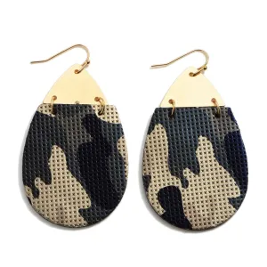 Faux Leather Camouflage Teardrop Earrings Featuring a Gold Metal Accent