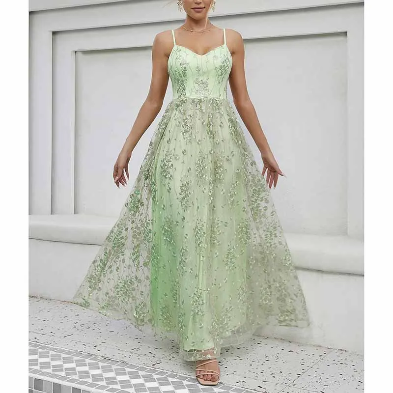 Floral Embroidered Event Dress Spaghetti Strap Prom Gown Bridesmaid Dress