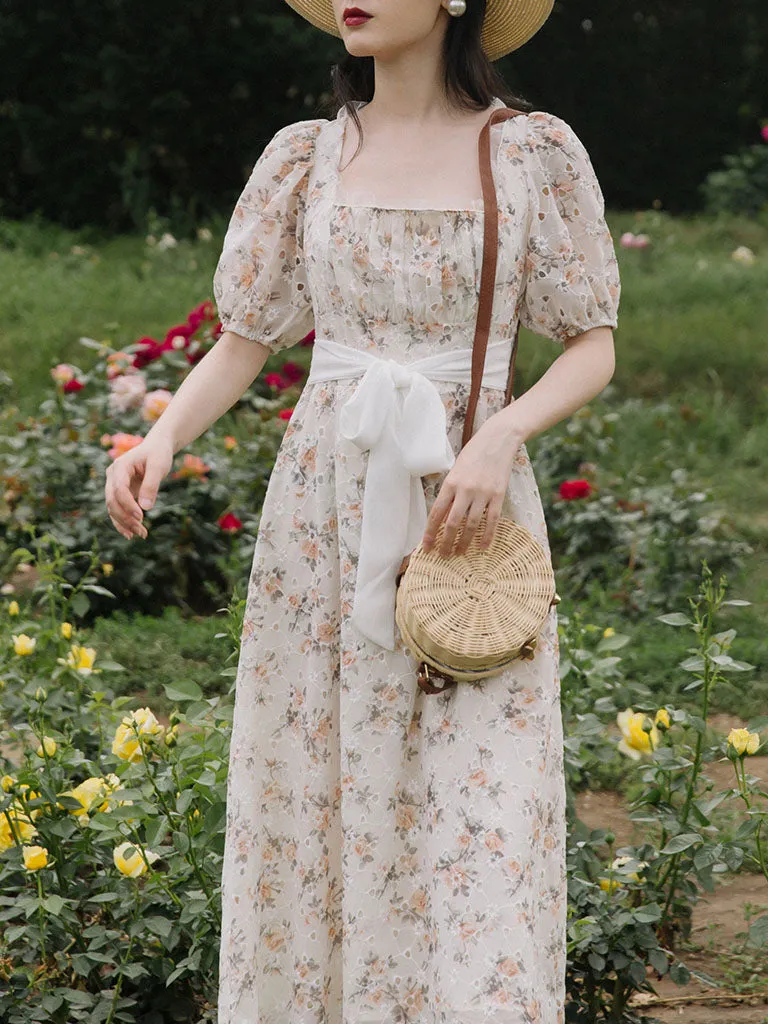 Floral Embroidered Lace Puffed Sleeve Chiffion Vintage Dress With Belt