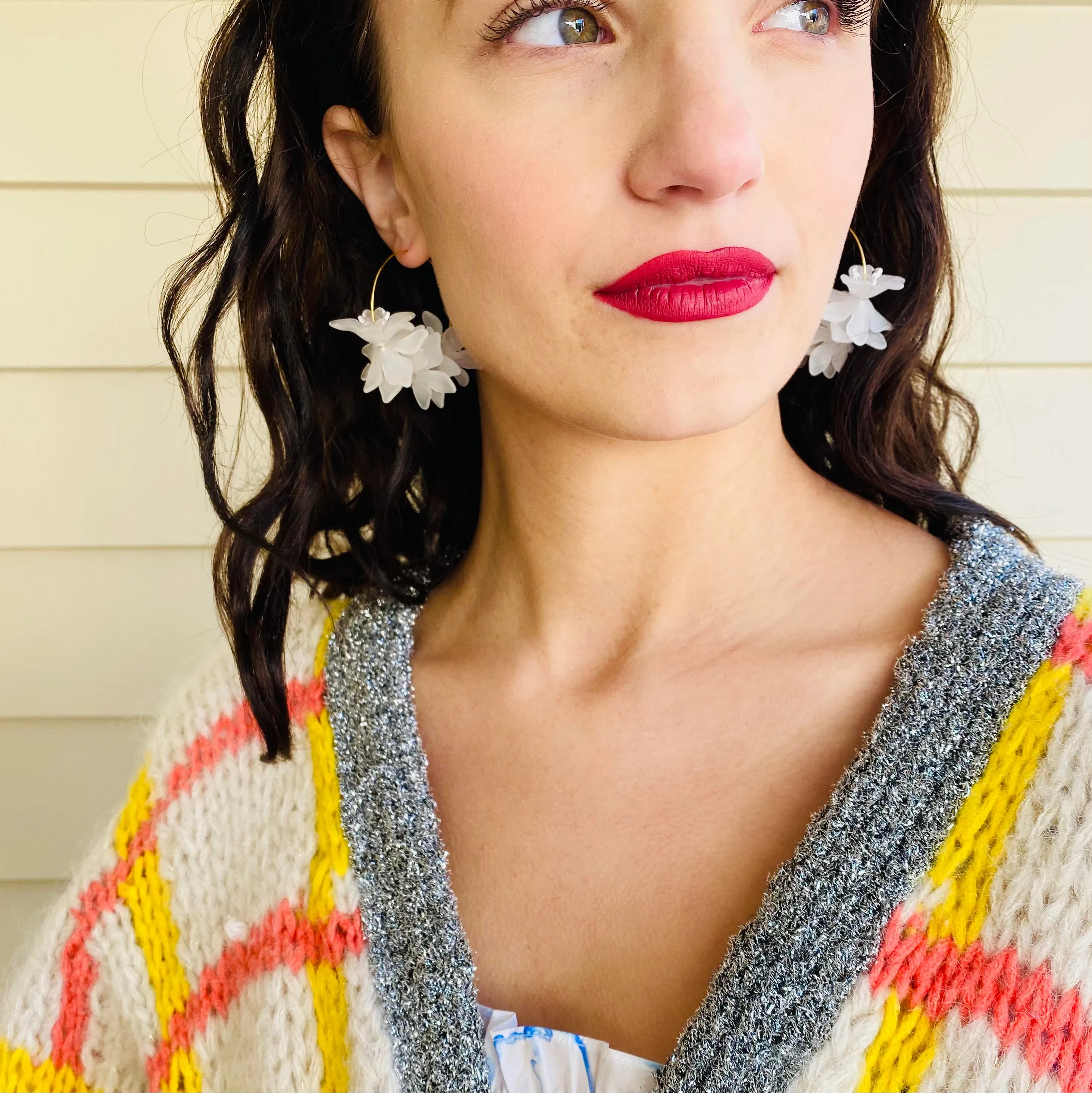 Floral Hoop White Earrings