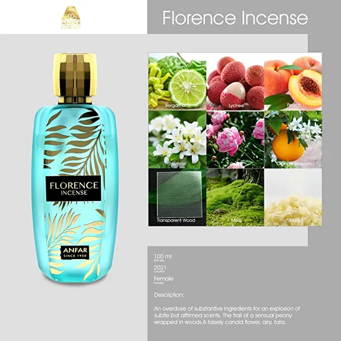 FLORENCE INCENSE Eau De Parfum by Anfar, 100ml