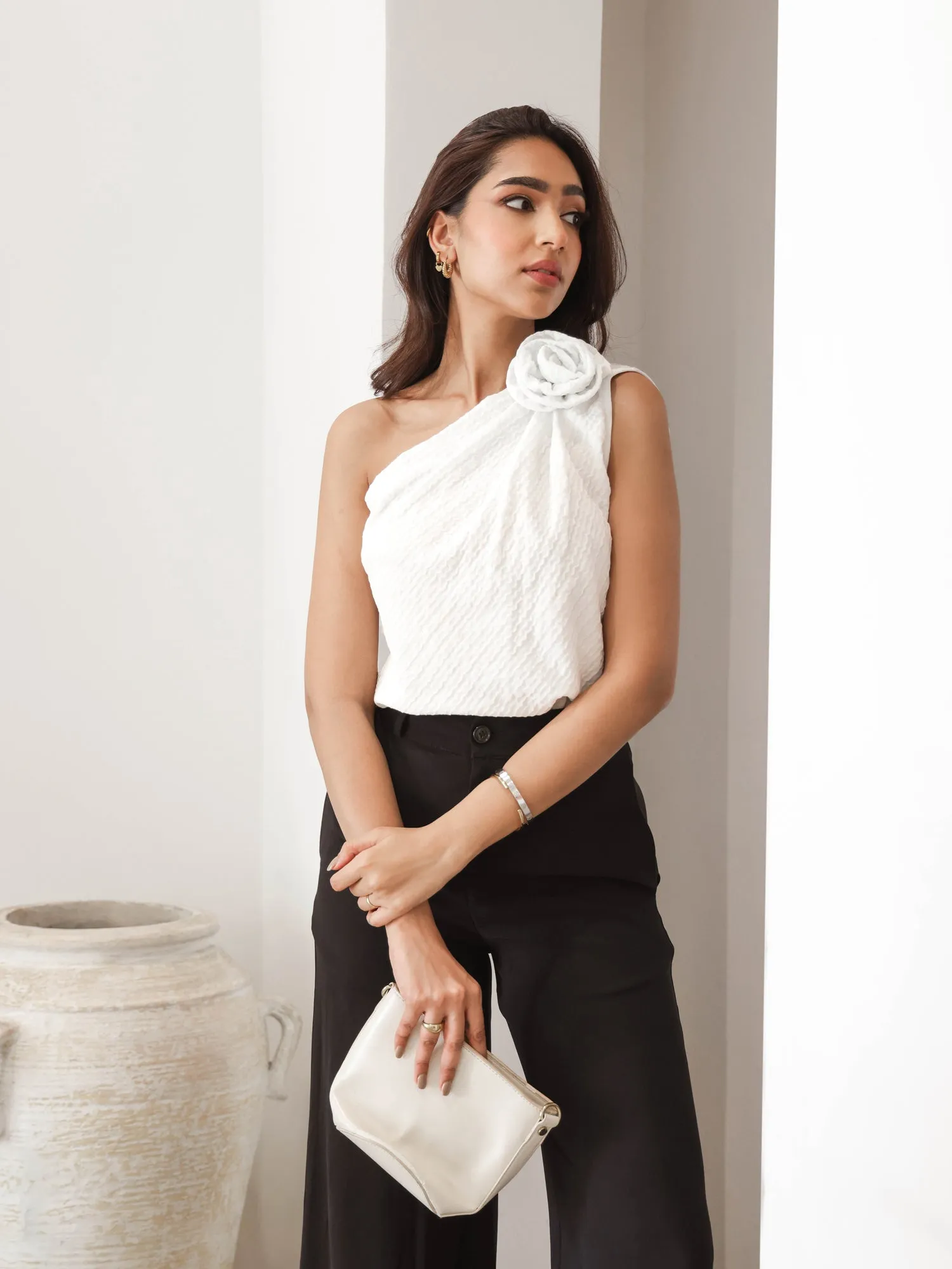 Flower Detailed One Shoulder Top