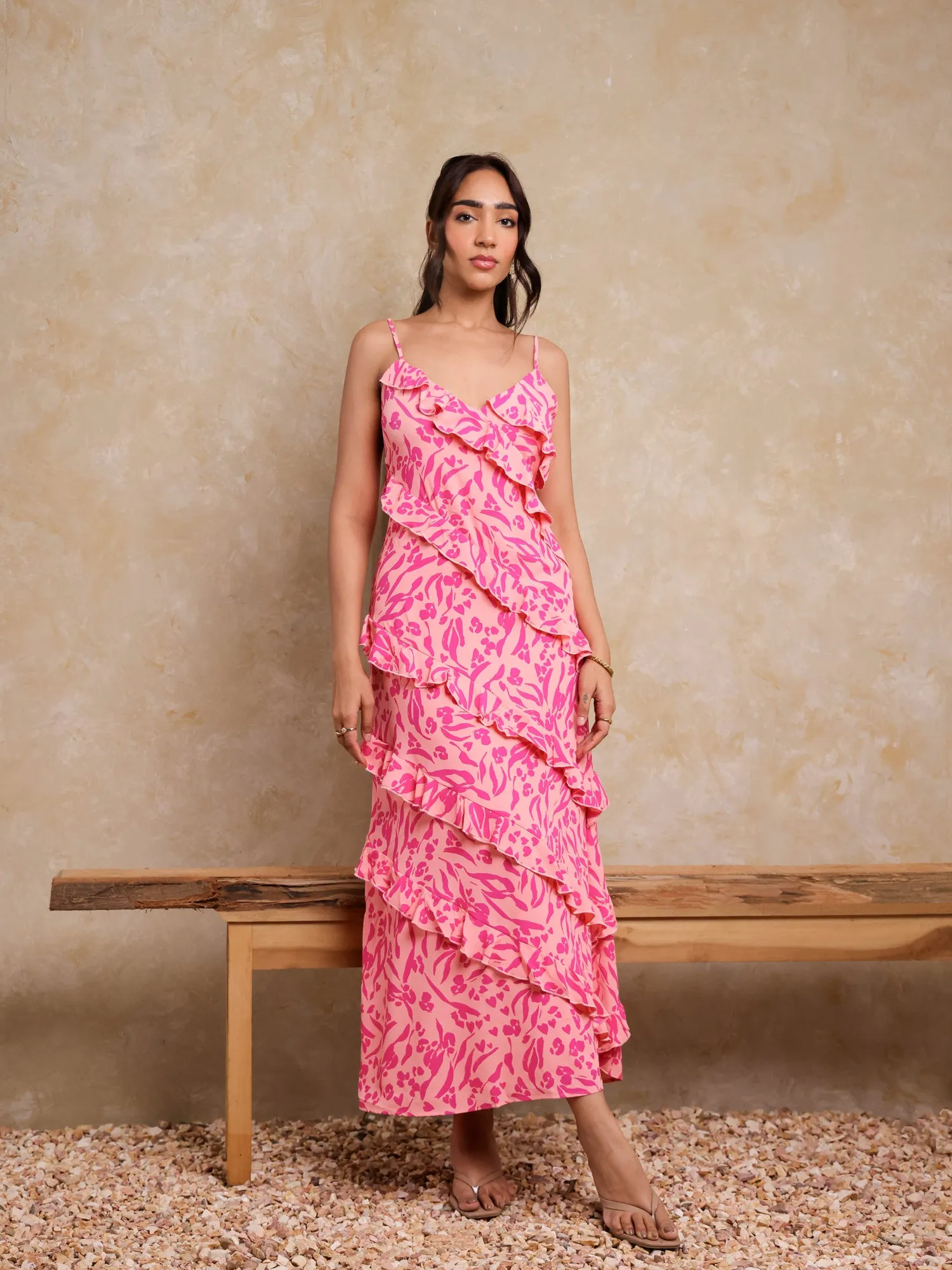 Frill Detailed Printed Maxi Dress