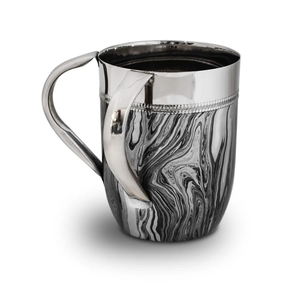 Gifts Plaza (D) Dual Handle Metal Washing Cup for Shabbat, Stainless Steel (Black and Silver Marble)