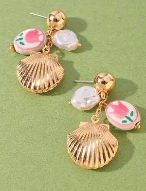 Gold SeaShell Floral Bead Earrings