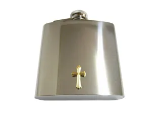 Gold Toned Intricately Detailed Cross 6 Oz. Stainless Steel Flask