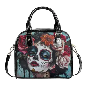 Gothic Pinup Sugar Skull Handbag – PU Leather Shoulder Bag with Adjustable Strap