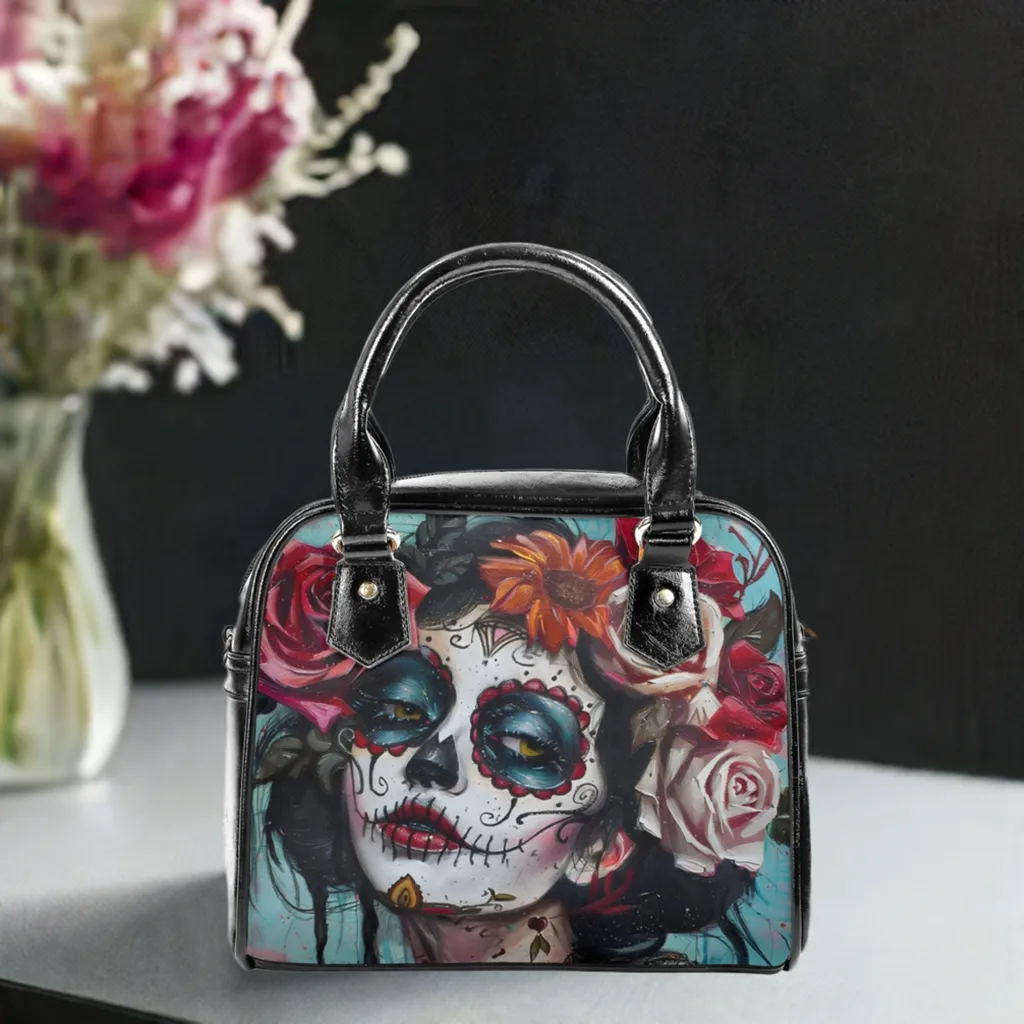 Gothic Pinup Sugar Skull Handbag – PU Leather Shoulder Bag with Adjustable Strap