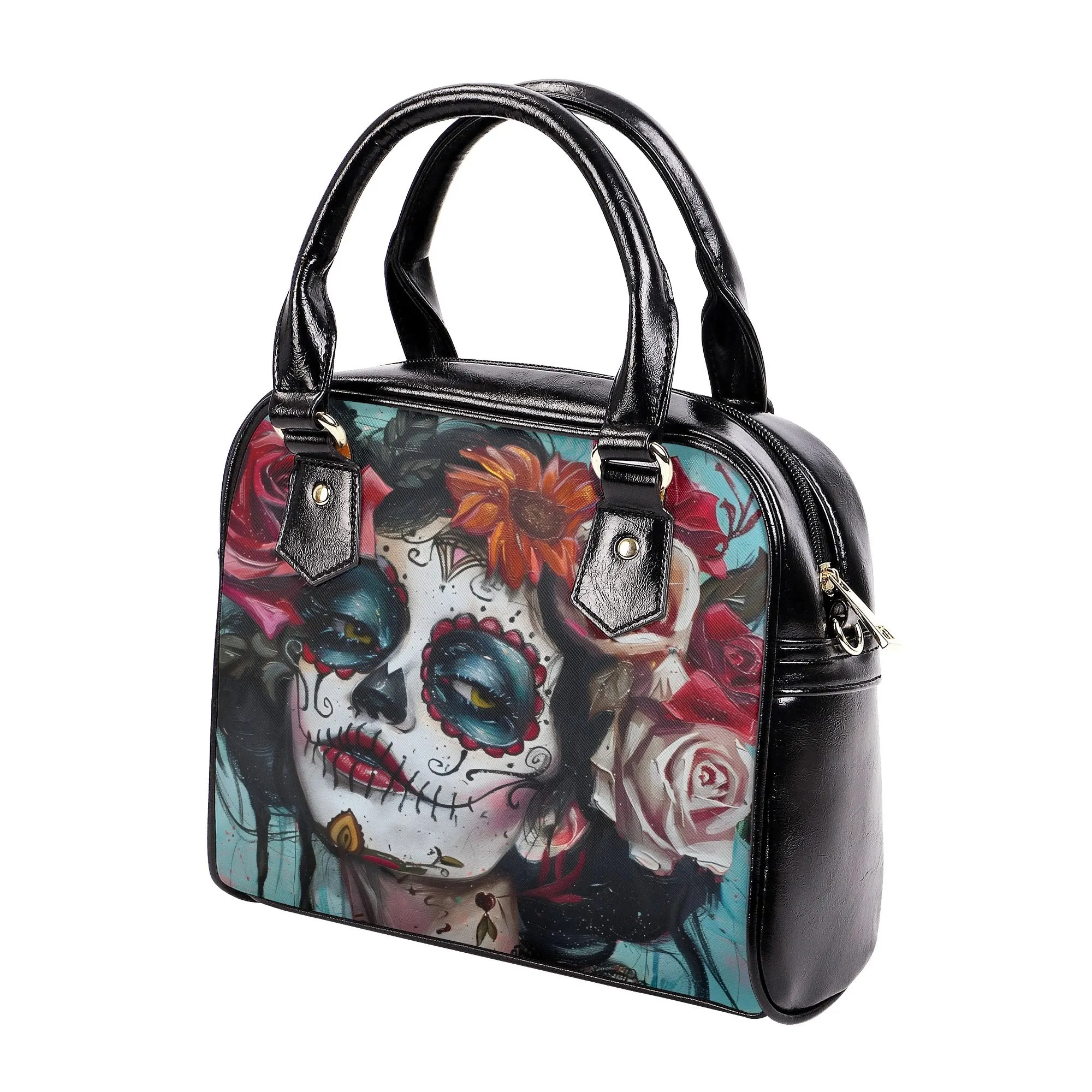 Gothic Pinup Sugar Skull Handbag – PU Leather Shoulder Bag with Adjustable Strap