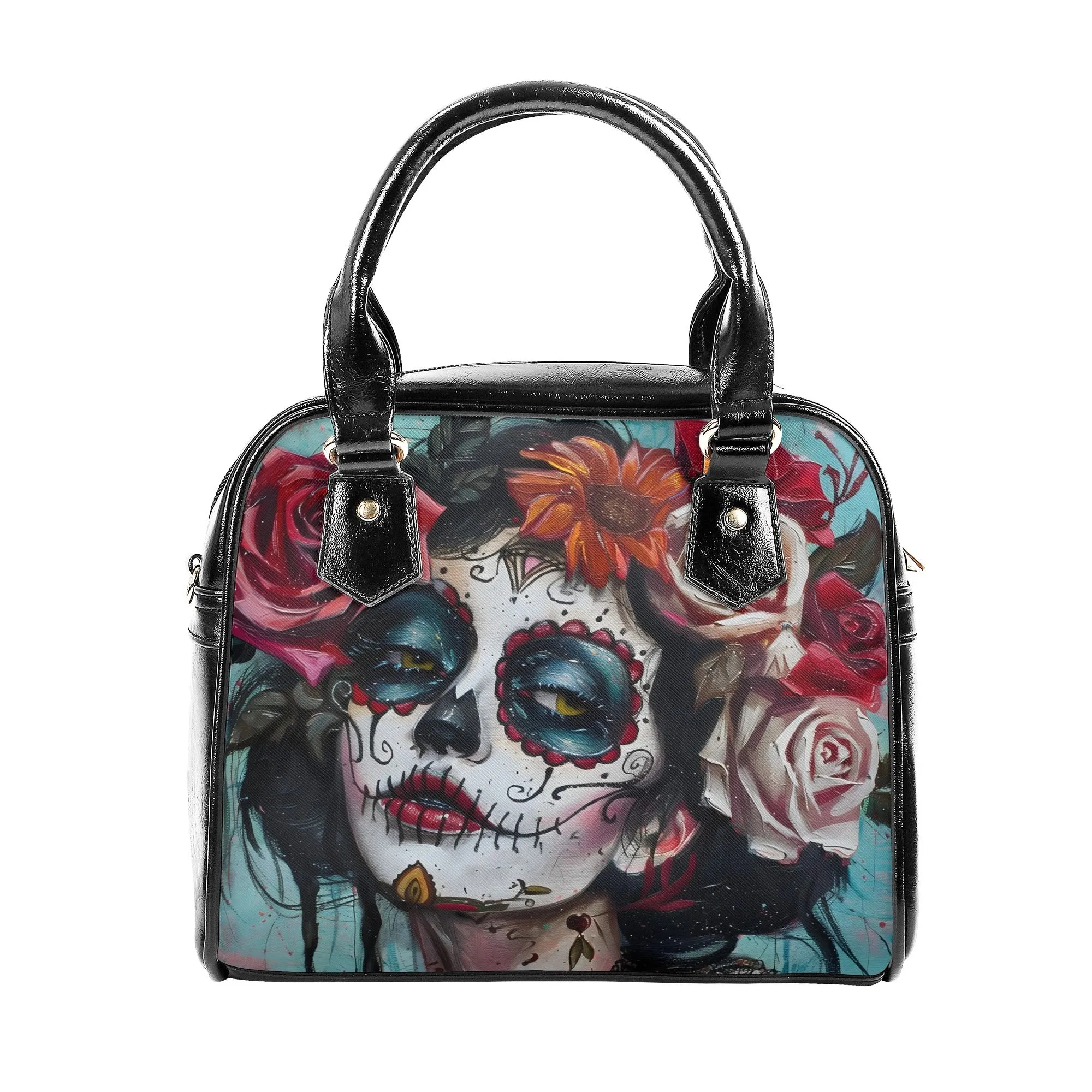Gothic Pinup Sugar Skull Handbag – PU Leather Shoulder Bag with Adjustable Strap