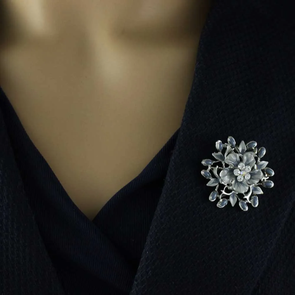 Gray with Blue Flower and Leaves Daisy Brooch Pin - PRL913