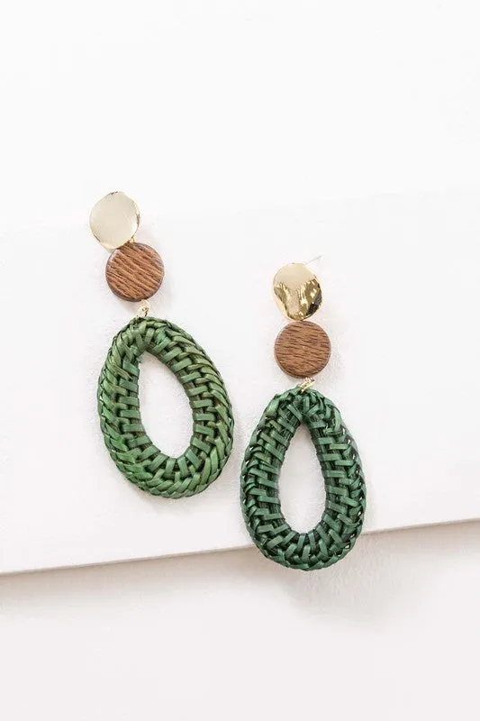 Green Oval Wicker Drop Earrings