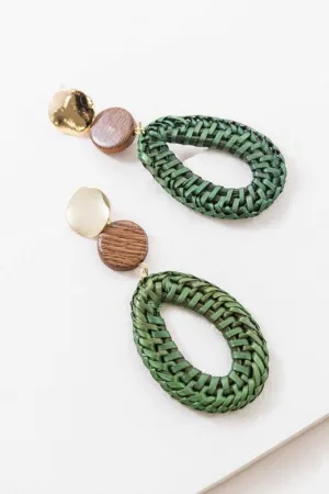 Green Oval Wicker Drop Earrings