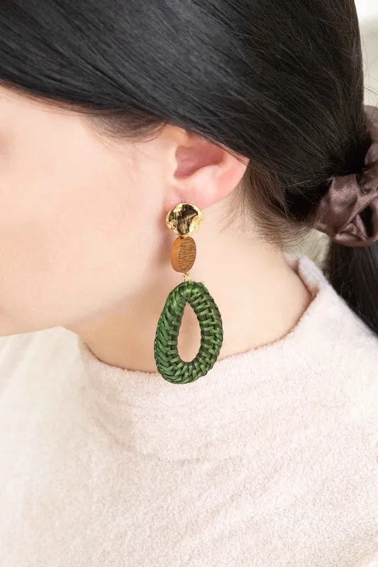 Green Oval Wicker Drop Earrings