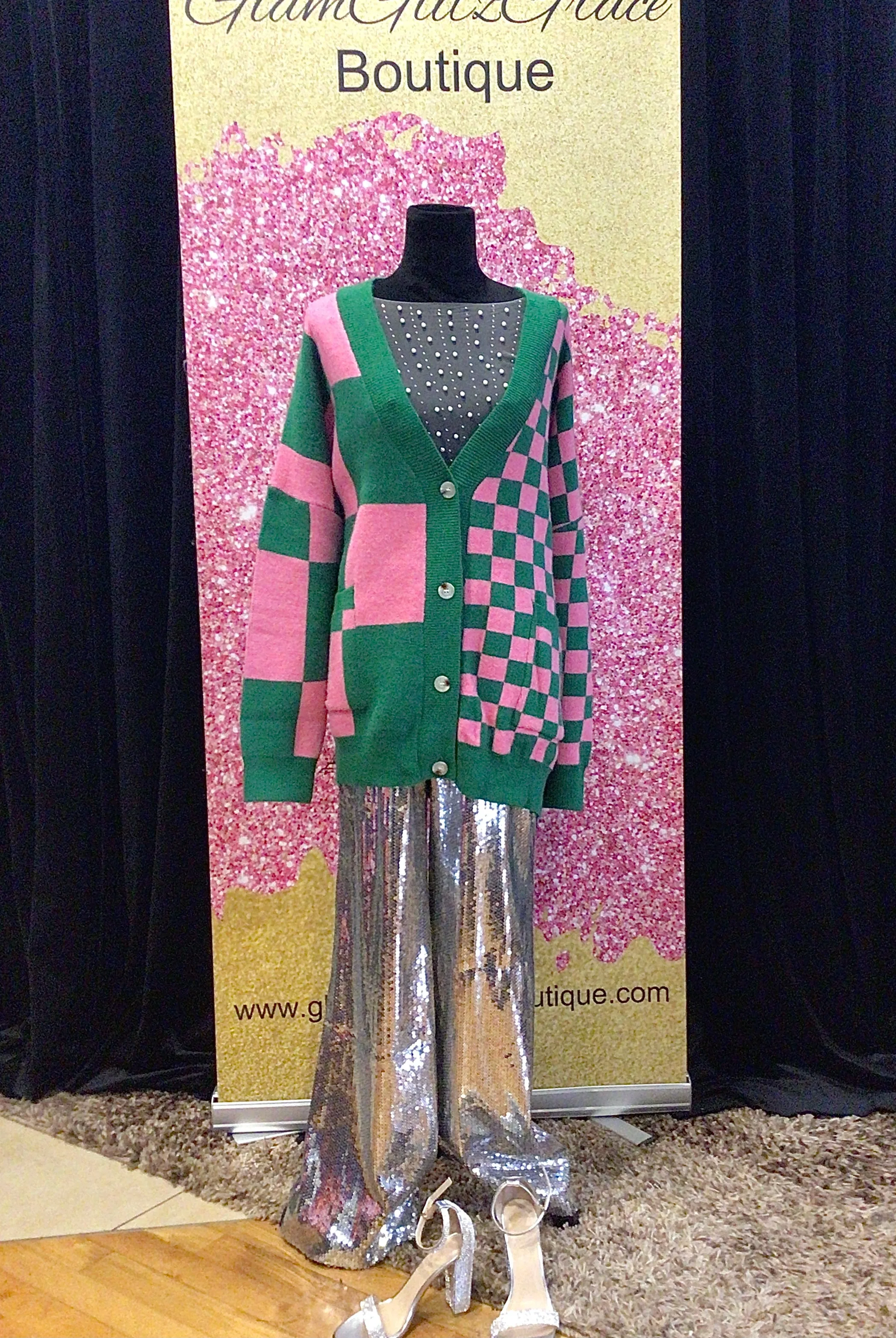 Green/pink button down long slv checkered oversized cardigan