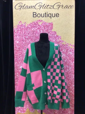 Green/pink button down long slv checkered oversized cardigan