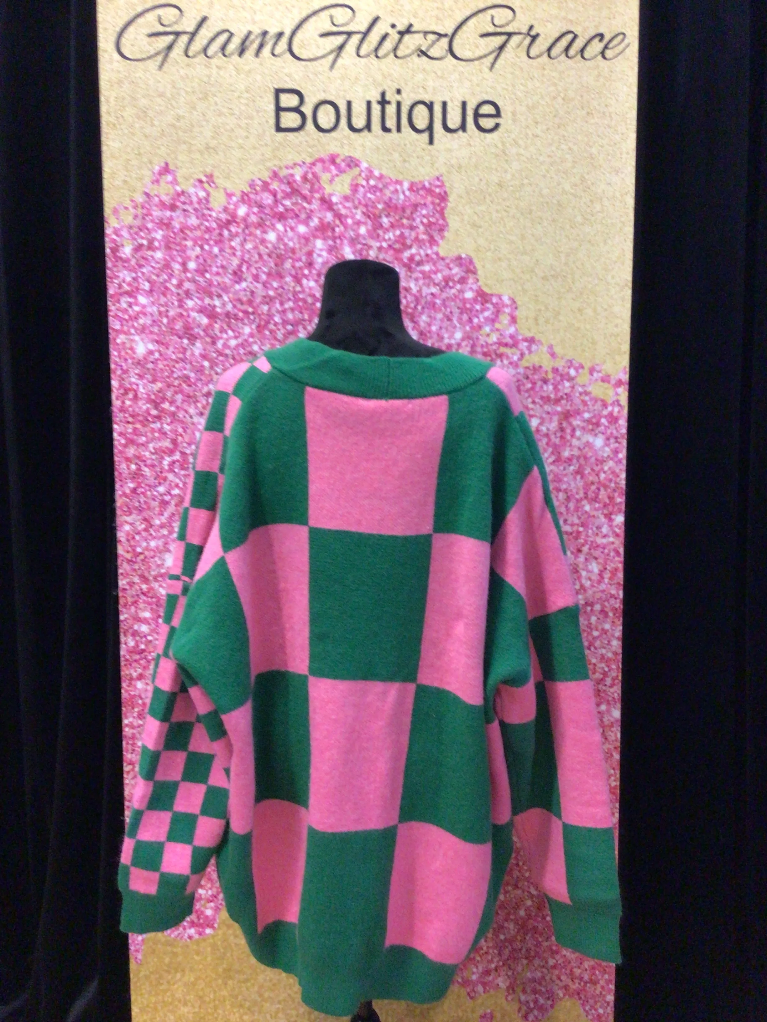 Green/pink button down long slv checkered oversized cardigan