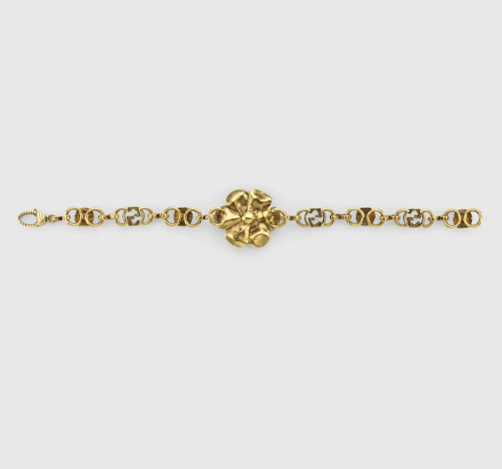 Gucci Metal Floral Bracelet in Aged Gold