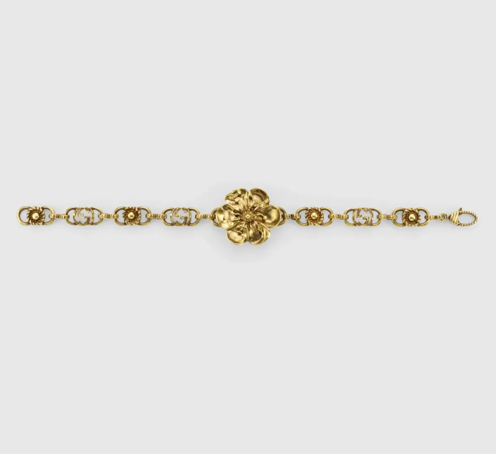 Gucci Metal Floral Bracelet in Aged Gold