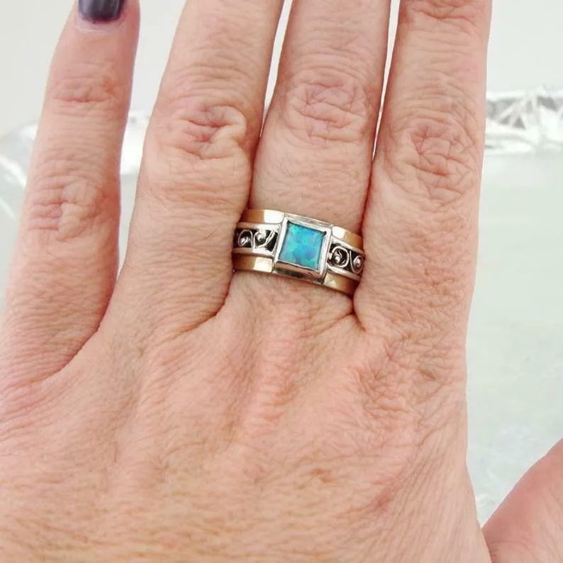 Hadar Designers 9k Yellow Gold 925 Silver Opal Ring Handmade(Sy