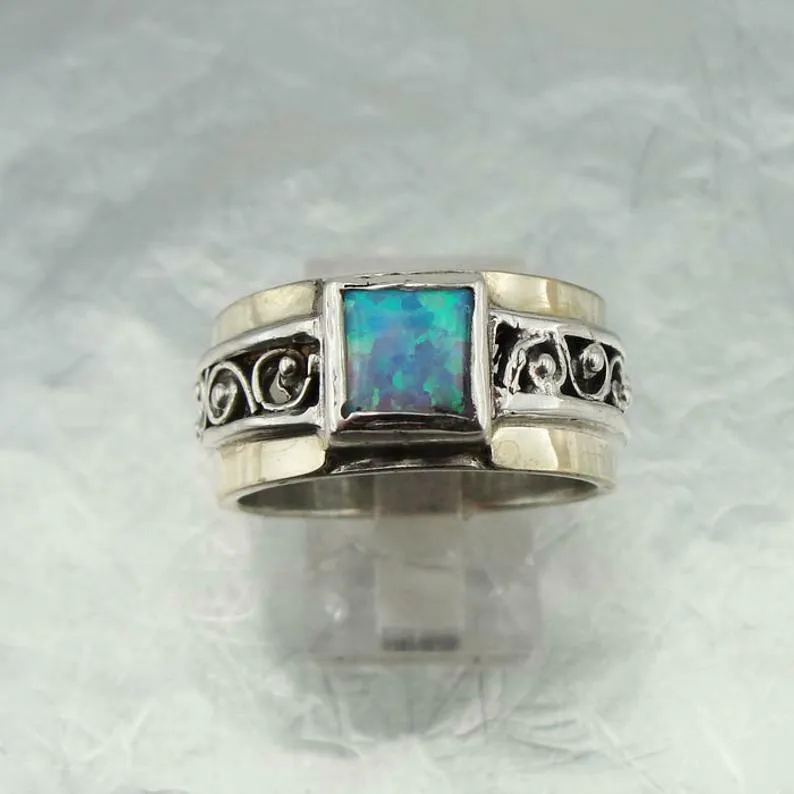 Hadar Designers 9k Yellow Gold 925 Silver Opal Ring Handmade(Sy