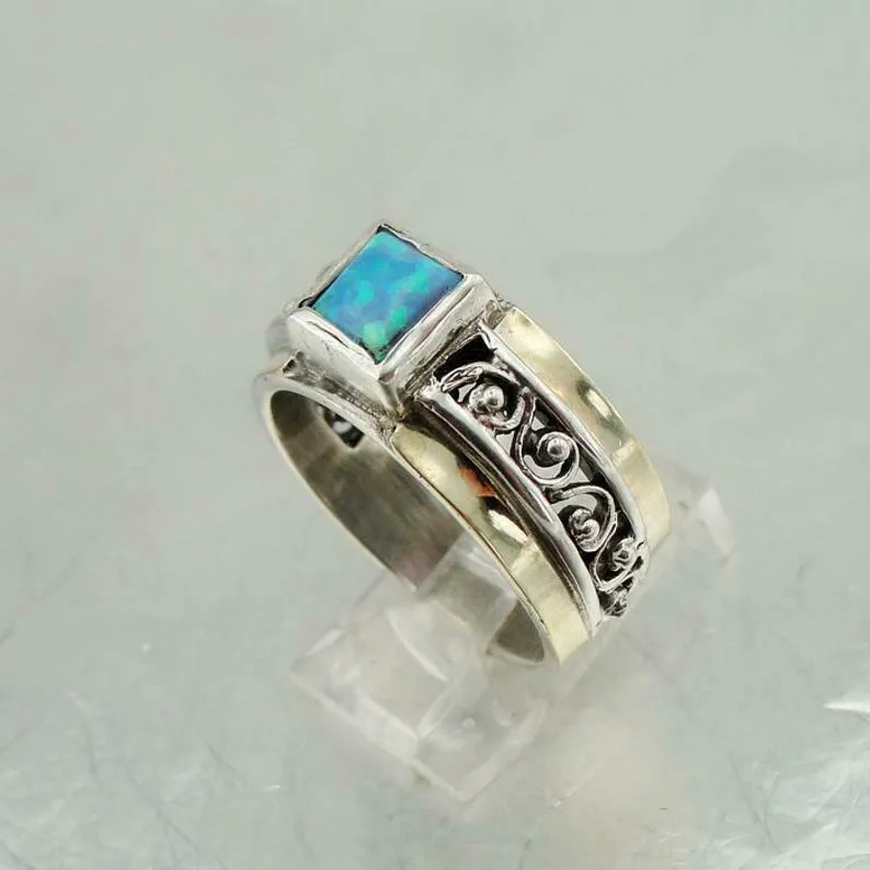 Hadar Designers 9k Yellow Gold 925 Silver Opal Ring Handmade(Sy