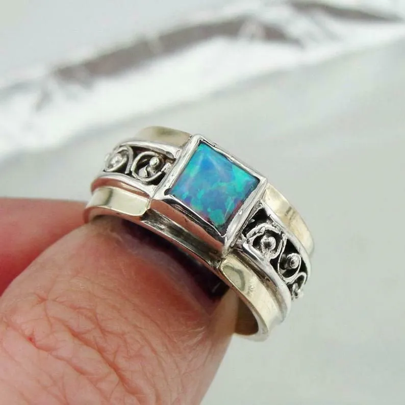 Hadar Designers 9k Yellow Gold 925 Silver Opal Ring Handmade(Sy