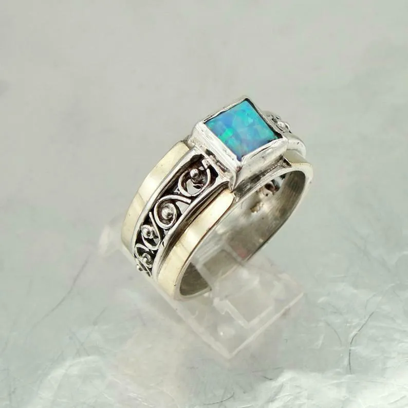 Hadar Designers 9k Yellow Gold 925 Silver Opal Ring Handmade(Sy