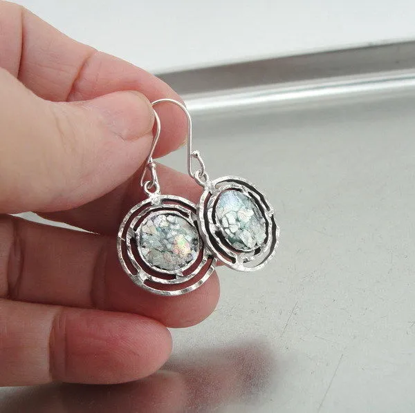 Hadar Designers Antique Roman Glass Earrings Handmade 925 Sterling Silver (as)y