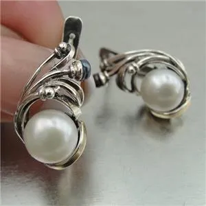 Hadar Designers black white pearl earrings 9k yellow gold 925 silver handmade(ms