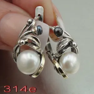 Hadar Designers black white pearl earrings 9k yellow gold 925 silver handmade(ms