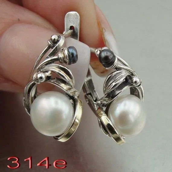 Hadar Designers black white pearl earrings 9k yellow gold 925 silver handmade(ms