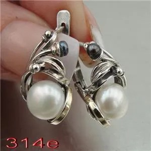 Hadar Designers black white pearl earrings 9k yellow gold 925 silver handmade(ms