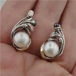 Hadar Designers black white pearl earrings 9k yellow gold 925 silver handmade(ms