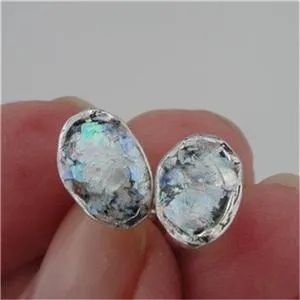 Hadar Designers Roman glass oval stud earrings 925 sterling silver handmade (AS)