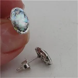 Hadar Designers Roman glass oval stud earrings 925 sterling silver handmade (AS)