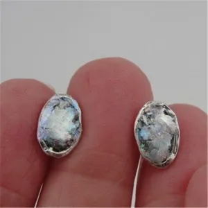 Hadar Designers Roman glass oval stud earrings 925 sterling silver handmade (AS)