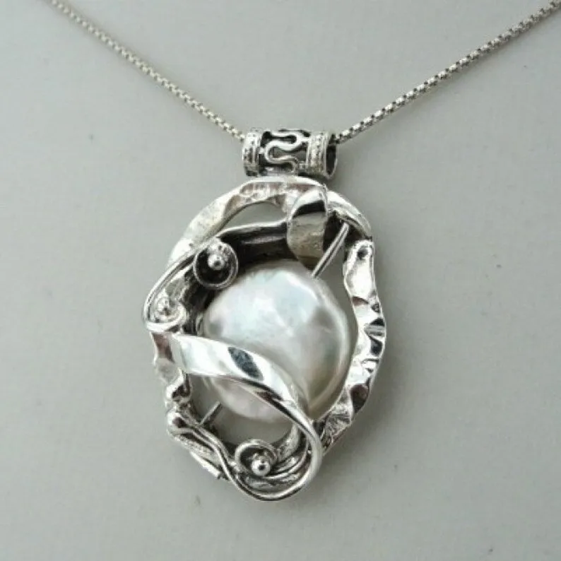 Hadar Designers White Pearl Pendant 925 Sterling Silver Handmade Art (S 1699)
